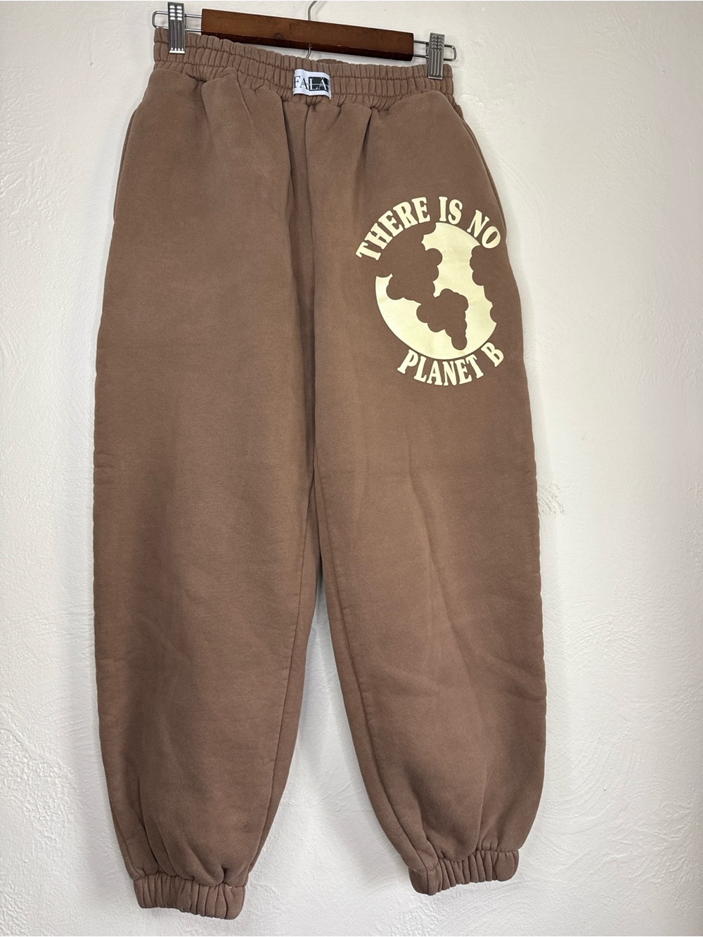 FALA Brown Graphic Fleece Sweatpants Large “There Is No Planet B”